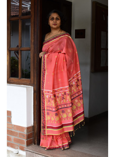 Orange, Handwoven Organic Cotton, Textured Weave , Jacquard, Work Wear, Butta Saree